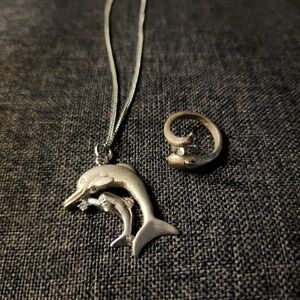Dolphin silver necklace and ring size 4.5